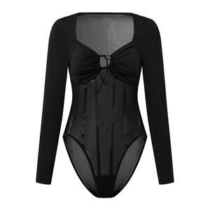 Misha Collection Paneled Corset Bodysuit Long Sleeve Bustier Boned Black Size 6